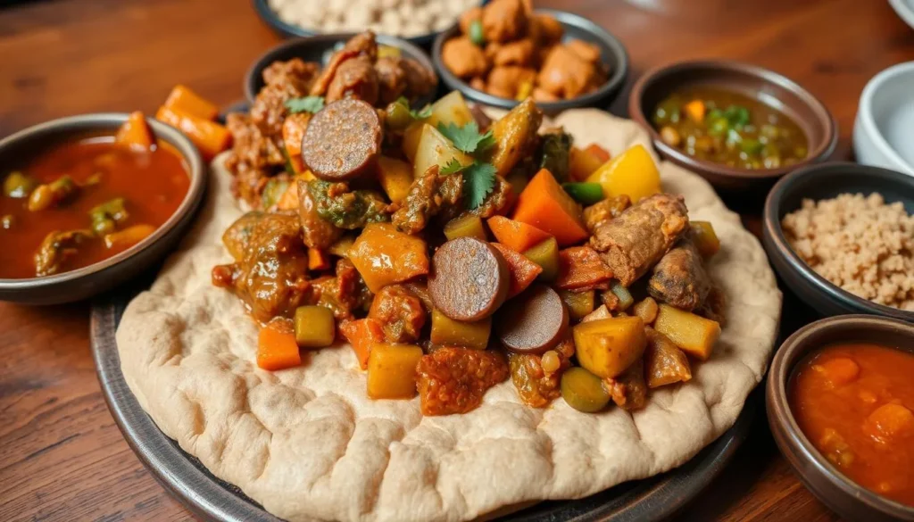 Traditional Ethiopian food served on injera bread Traditional Ethiopian food served on injera bread