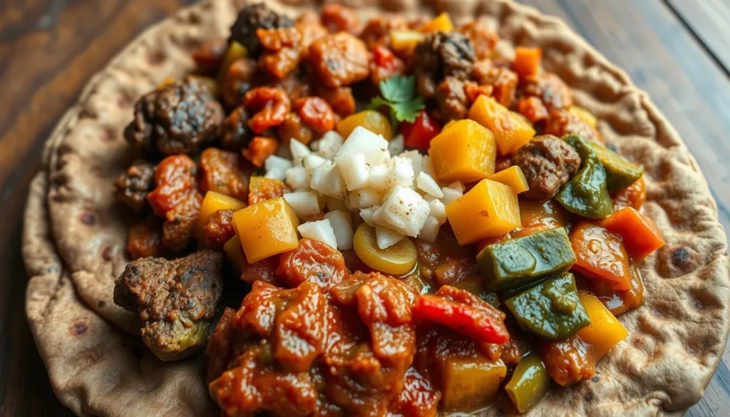 Traditional Ethiopian food served on injera bread with colorful vegetable and meat dishes Traditional Ethiopian food served on injera bread with colorful vegetable and meat dishes