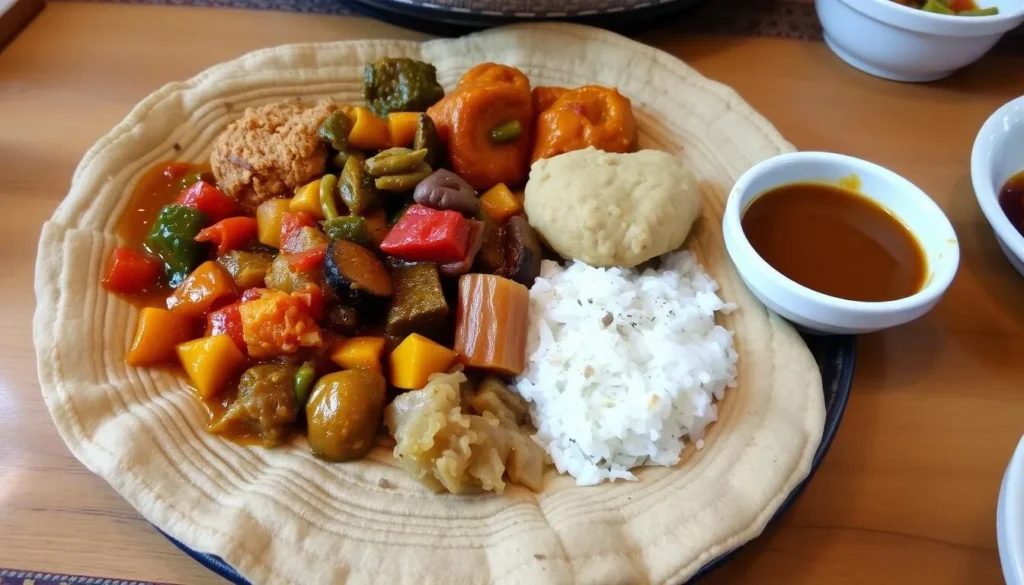 Traditional Ethiopian food served on injera near Mount Guna