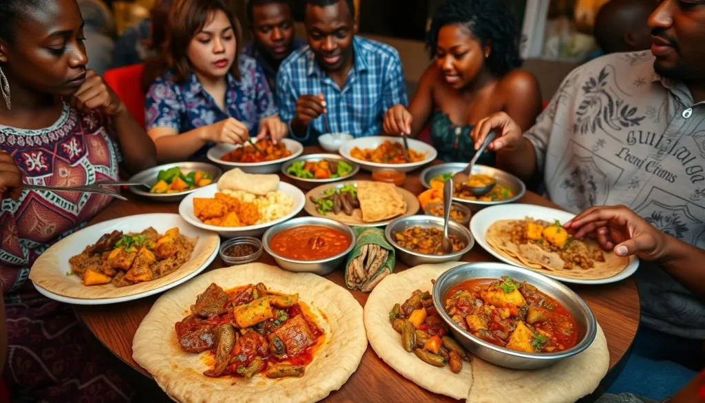 Traditional Ethiopian food served on injera with diverse diners enjoying a meal