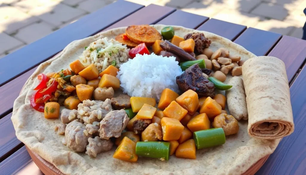 Traditional Ethiopian food served on injera with various stews and dishes