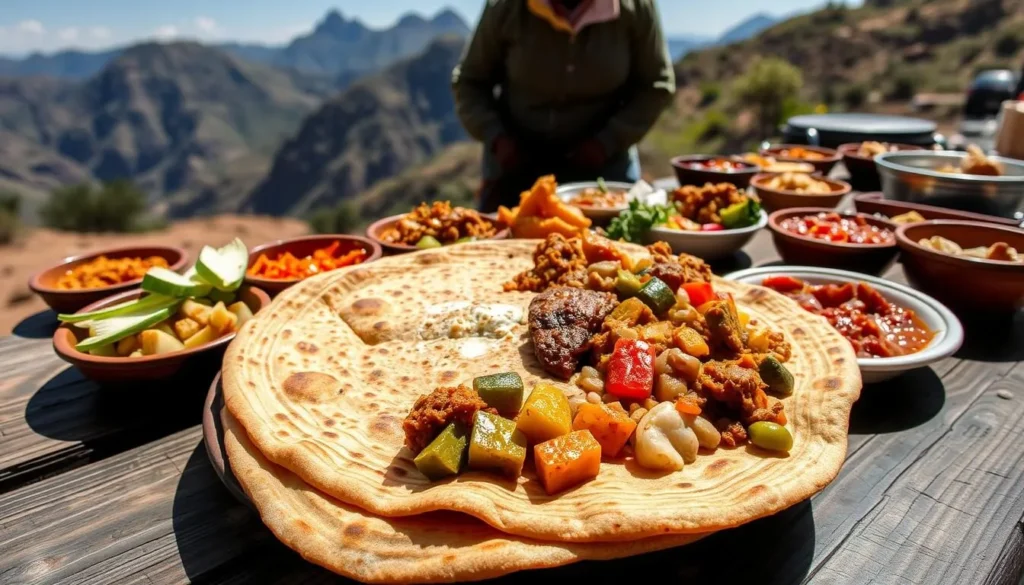 Traditional Ethiopian injera being served in the Simien Mountains, one of the best culinary things to do
