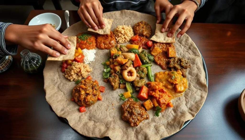 Traditional Ethiopian injera platter with various colorful stews and dishes served in an Omo Valley restaurant