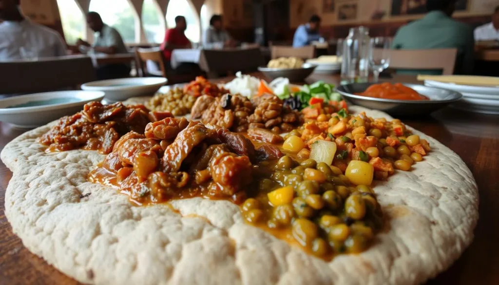 Traditional Ethiopian injera with various colorful stews and dishes