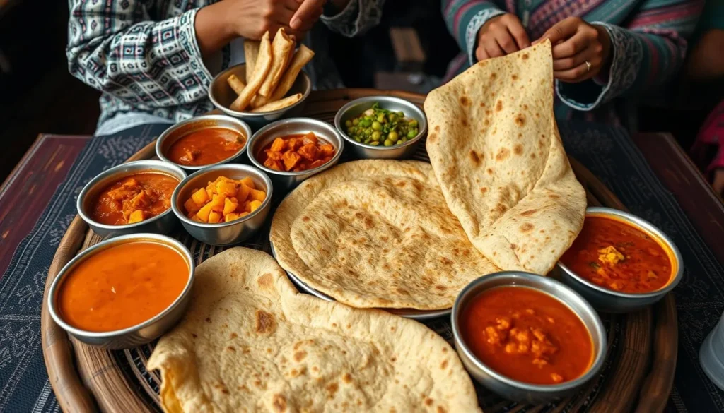 Traditional Ethiopian injera with various colorful wot (stews) served on a mesob table