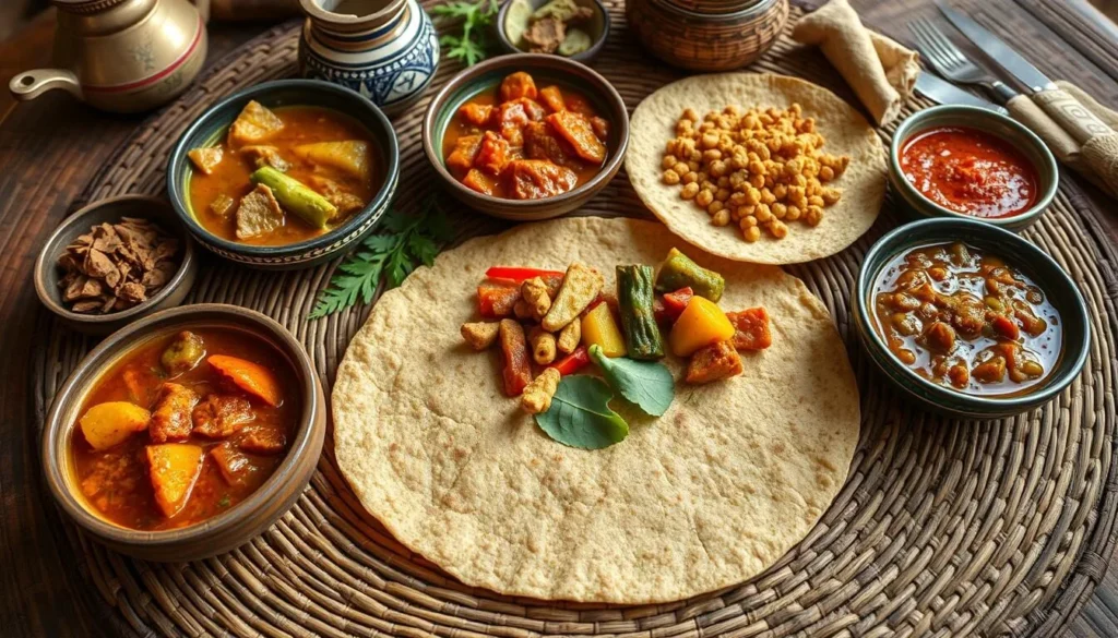 Traditional Ethiopian injera with various colorful wots (stews) served on a mesob (traditional table)