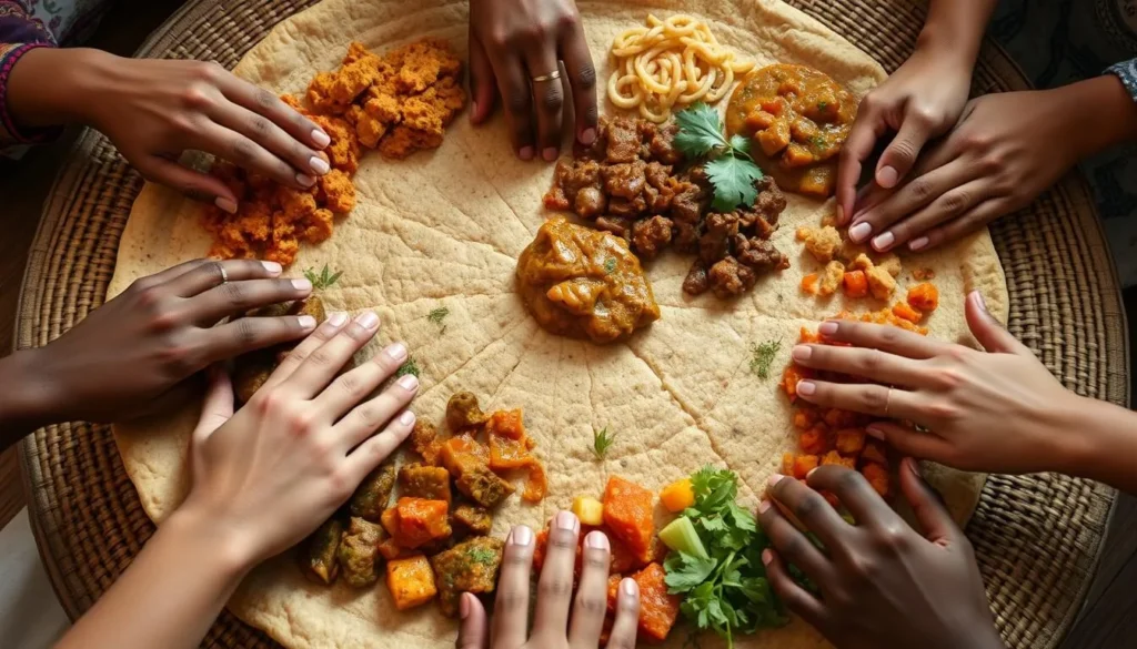 Traditional Ethiopian injera with various stews and dishes in Mekelle Ethiopia, one of the best things to do for food lovers Traditional Ethiopian injera with various stews and dishes in Mekelle Ethiopia, one of the best things to do for food lovers
