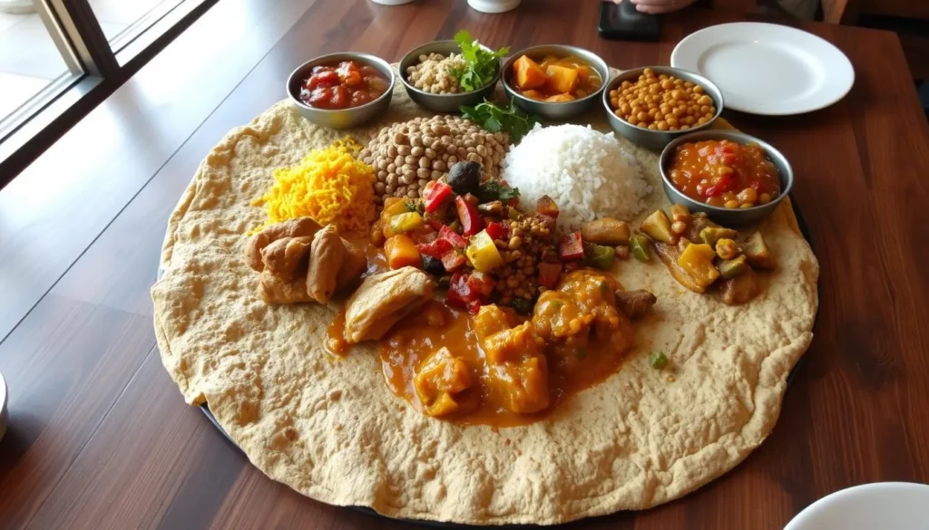 Traditional Ethiopian injera with various wat dishes, typical cuisine found near Halie Mariam Island Traditional Ethiopian injera with various wat dishes, typical cuisine found near Halie Mariam Island