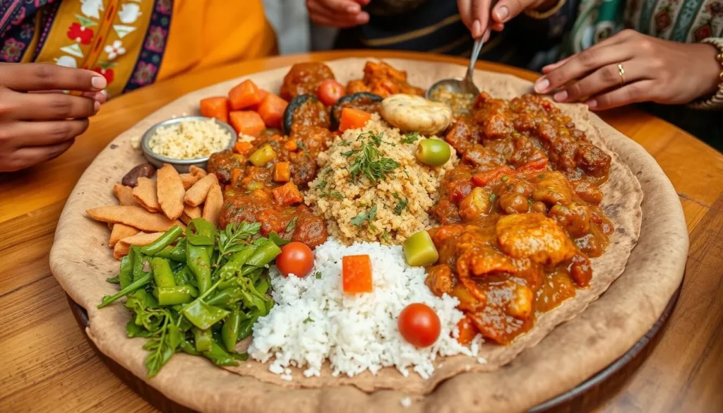 Traditional Ethiopian injera with various wot dishes near Tiya Archaeological Site