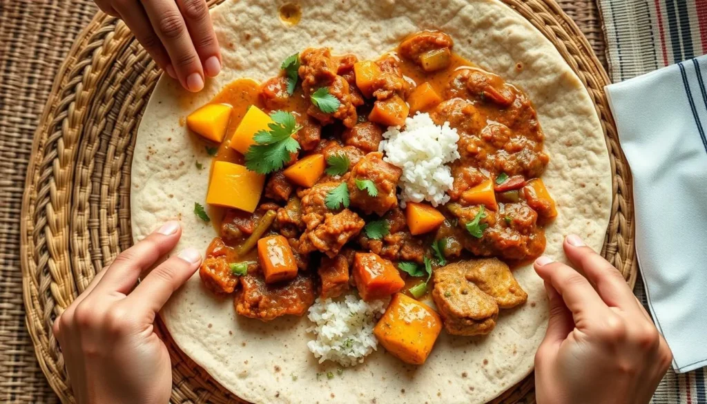 Traditional Ethiopian injera with various wot dishes served near Borena-Sayint National Park