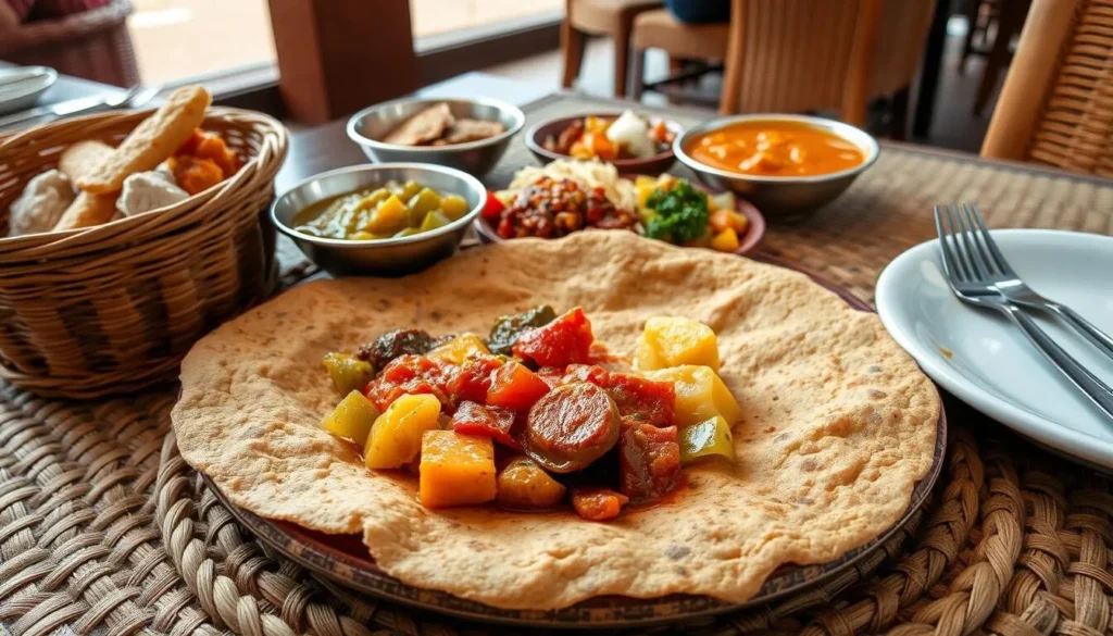 Traditional Ethiopian injera with various wot (stews) served near Lake Chamo Traditional Ethiopian injera with various wot (stews) served near Lake Chamo
