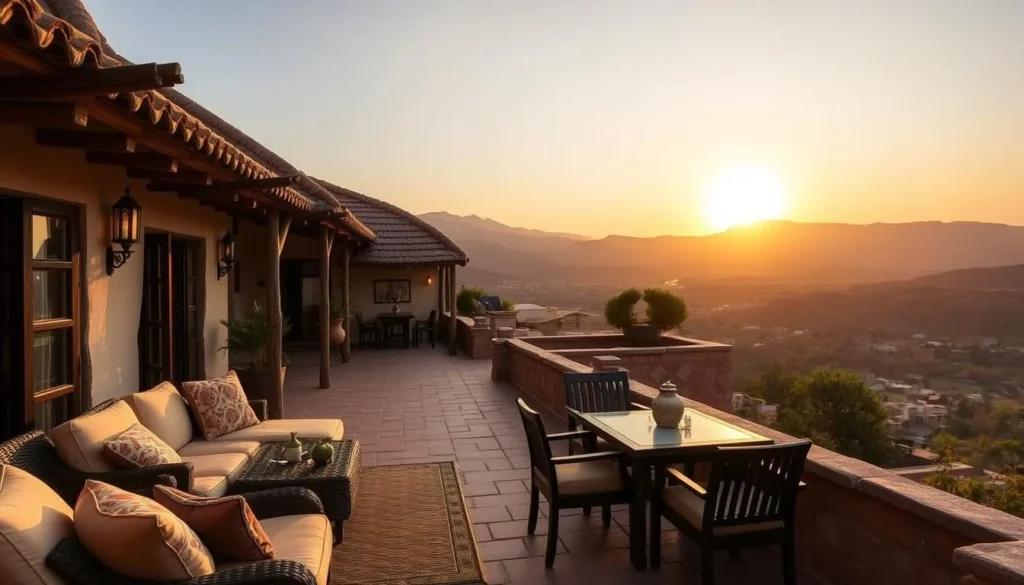 Traditional Ethiopian lodge overlooking the landscape where the Rock-Hewn Churches of Lalibela Ethiopia are located