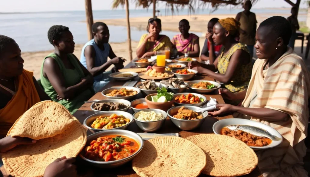 Traditional Ethiopian meal being served at a lakeside camp with Lake Turkana in the background