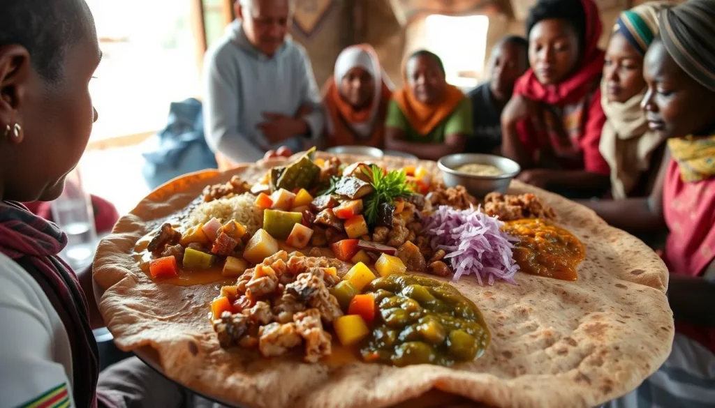 Traditional Ethiopian meal being served during a Mount Abuna Yosef trek, featuring injera and various wats (stews)