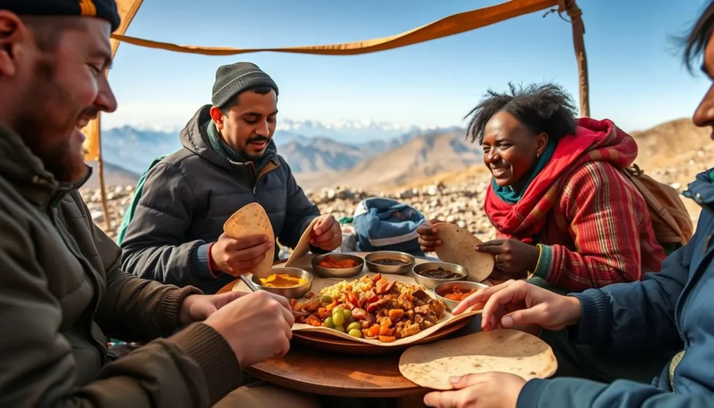 Traditional Ethiopian meal being served during a trek on Mount Ras Dashen