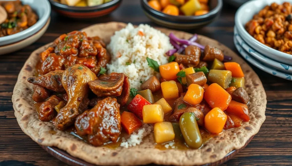 Traditional Ethiopian meal with injera and various dishes