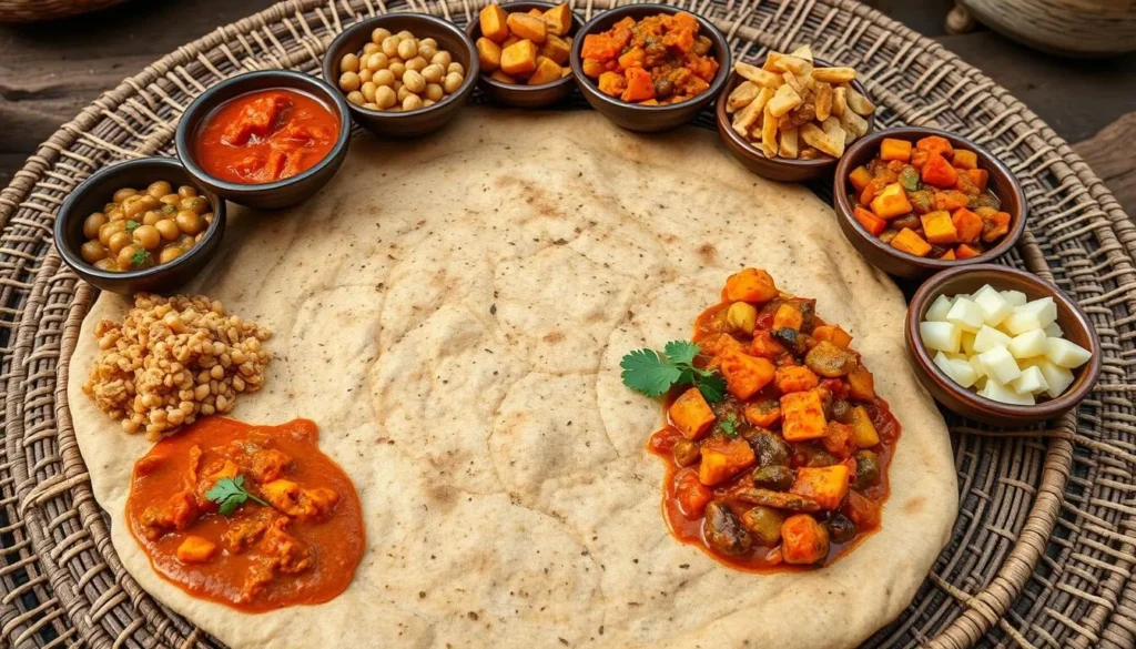 Traditional Ethiopian meal with injera and various dishes served near Geraille National Park