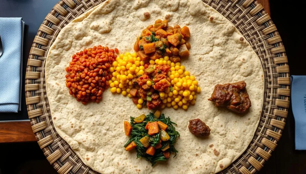 Traditional Ethiopian meal with injera and various wot dishes served in the Great Rift Valley