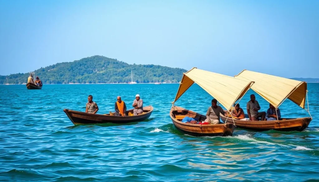 Traditional Ethiopian tankwa boats made of papyrus on Lake Tana with Zegie Peninsula in the background