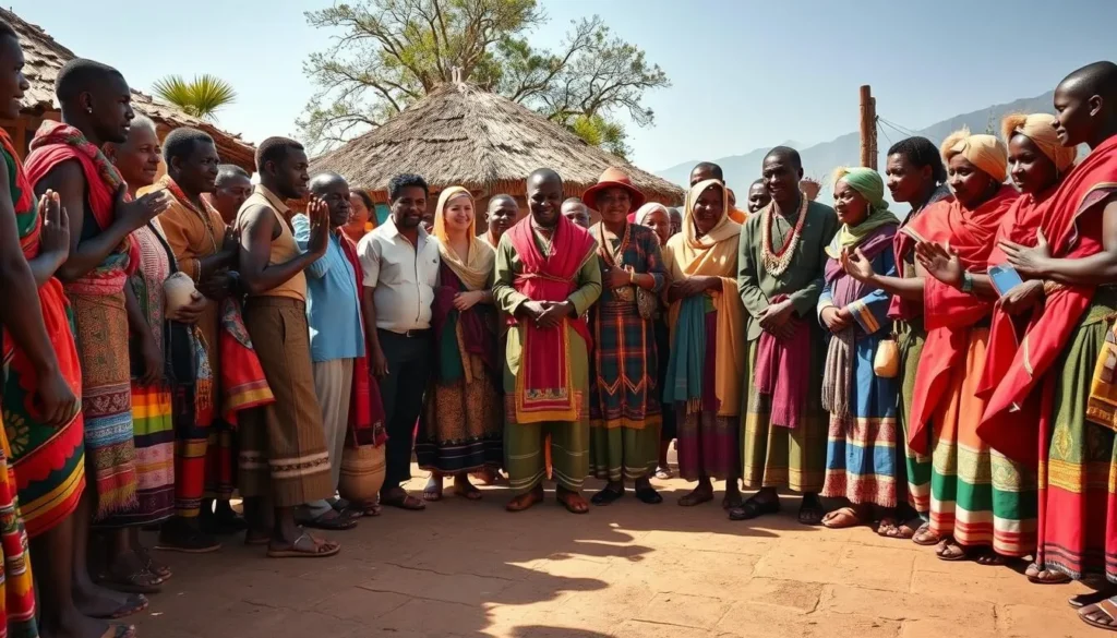 Traditional Ethiopian welcome ceremony with locals in colorful attire greeting visitors at the entrance to an Omo Valley village