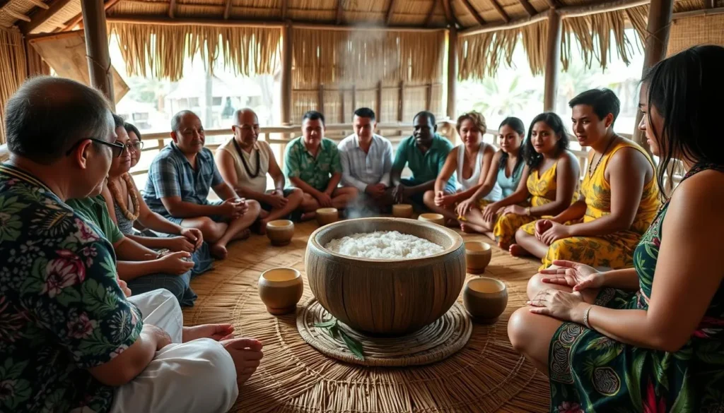 Traditional Fijian kava ceremony with tourists participating
