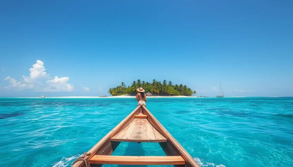 Traditional Filipino outrigger boat approaching Olanivan Island with its pink sand beach visible