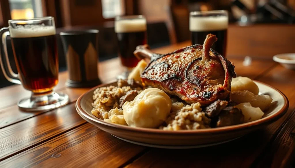 Traditional Franconian meal with Rauchbier in Bamberg Germany, essential experience among Bamberg Germany things to do