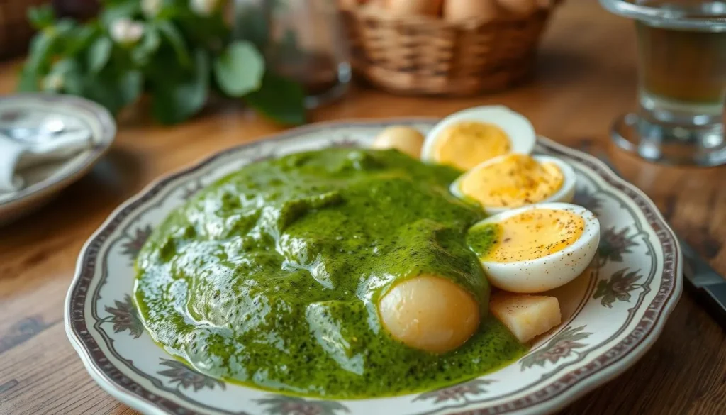 Traditional Frankfurt green sauce dish with boiled potatoes and eggs at a local restaurant Traditional Frankfurt green sauce dish with boiled potatoes and eggs at a local restaurant