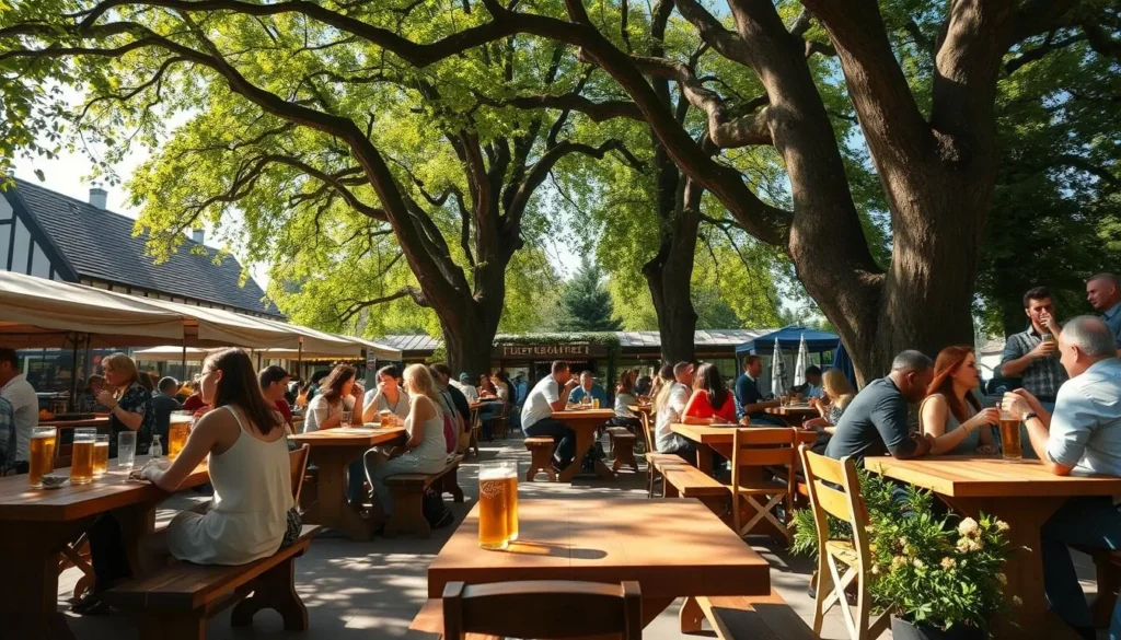 Traditional German beer garden in Stuttgart with people enjoying local brews under chestnut trees