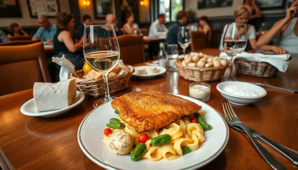 Traditional German cuisine served at a restaurant in Mainz with local wine