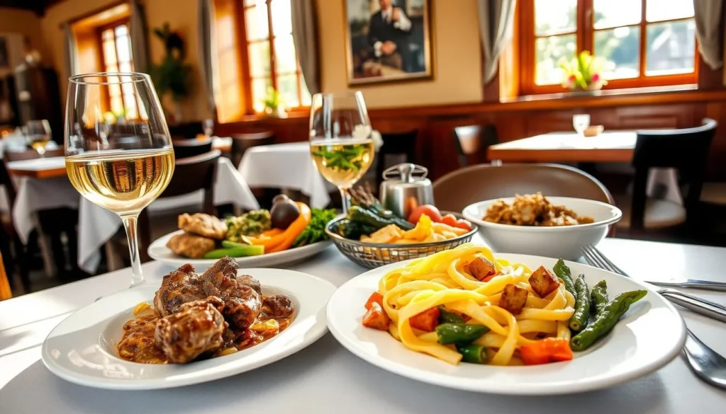 Traditional German cuisine with Riesling wine in a restaurant in Koblenz Germany