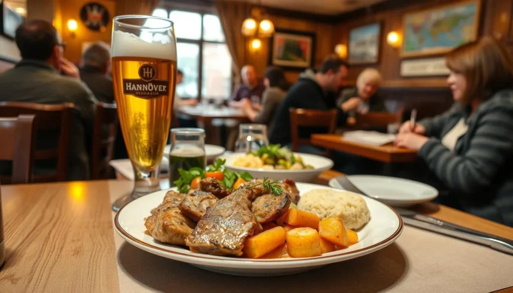 Traditional German meal being served in a Hannover restaurant with local beer