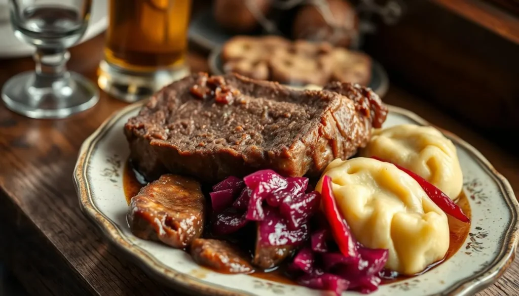 Traditional German meal of Rheinischer Sauerbraten with potato dumplings and red cabbage