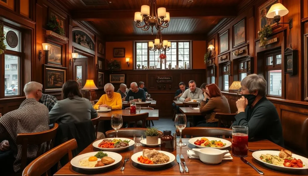 Traditional German restaurant in Mannheim serving local specialties with diners enjoying meals