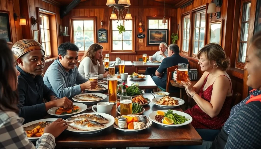 Traditional German restaurant in Rostock serving local seafood dishes with diners enjoying their meals