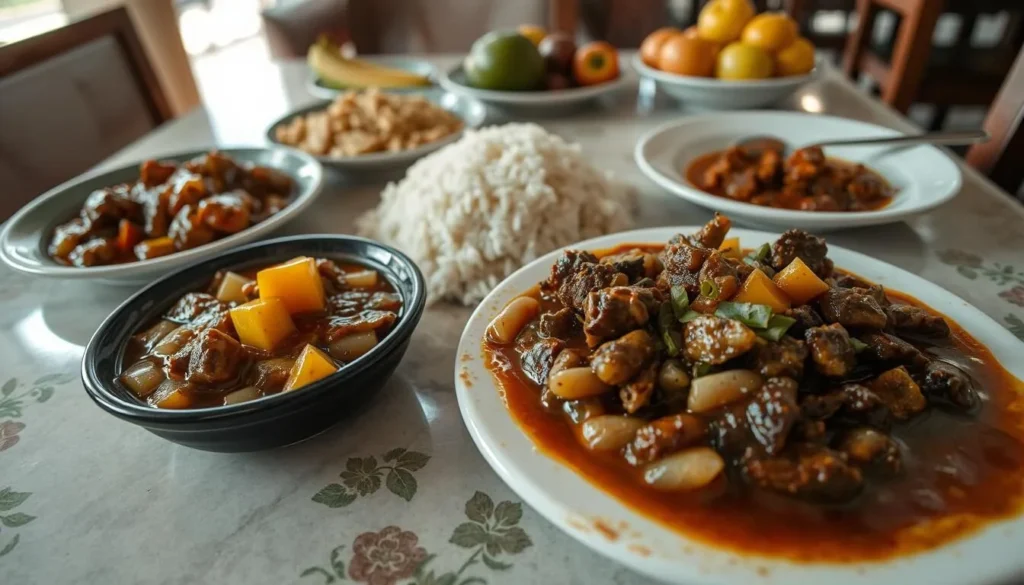 Traditional Guyanese cuisine served at a local restaurant in Linden featuring pepperpot, cook-up rice, and fresh tropical fruits