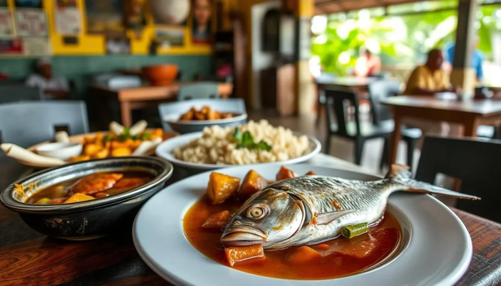 Traditional Guyanese dishes including pepperpot and fresh river fish at a local restaurant