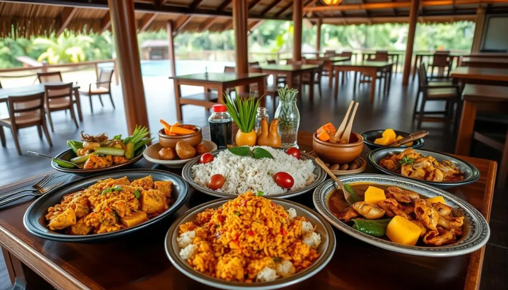 Traditional Guyanese dishes served at Lake Mainstay Resort's restaurant