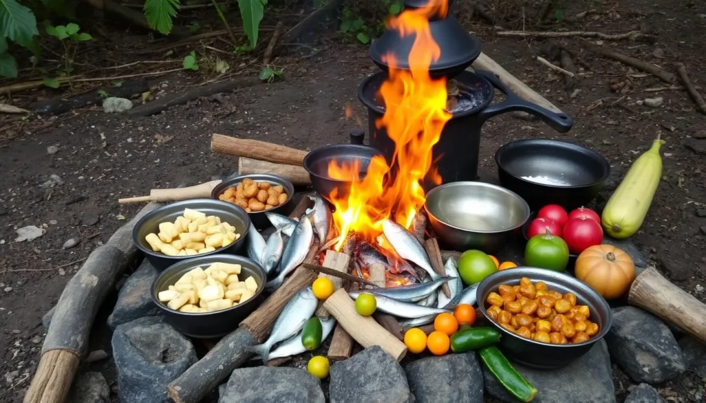 Traditional Guyanese meal being prepared over an open fire near Lake Amuku Traditional Guyanese meal being prepared over an open fire near Lake Amuku