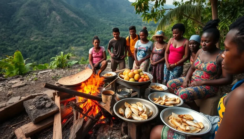 Traditional Guyanese meal being prepared over an open fire near the Acarai Mountains