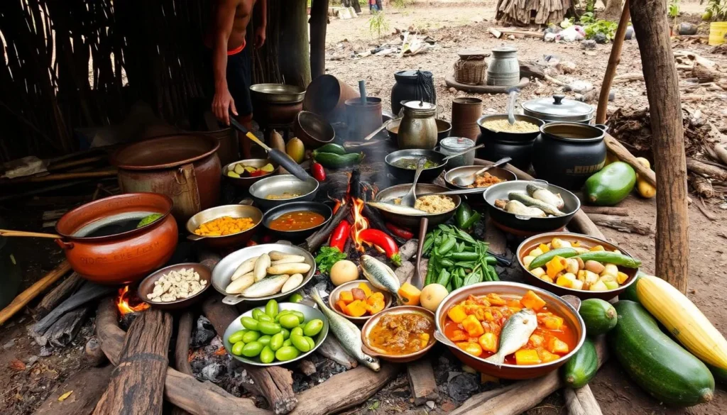 Traditional Guyanese meal being prepared over an open fire with fresh local ingredients