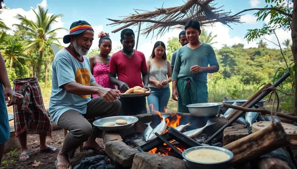 Traditional Guyanese meal being prepared over open fire with cassava bread and fish