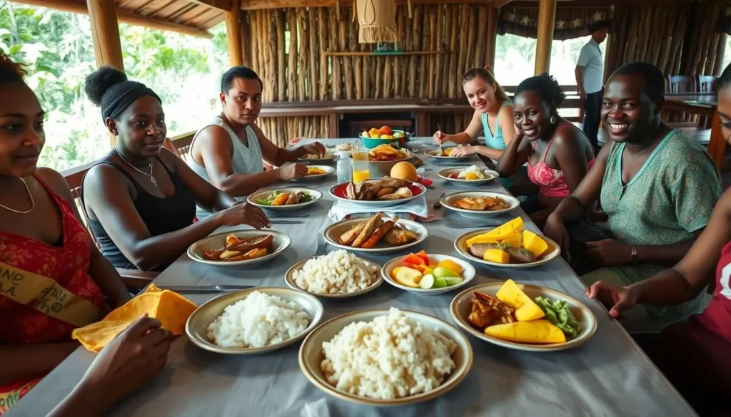 Traditional Guyanese meal being served at Iwokrama Lodge with local dishes and fresh fruits Traditional Guyanese meal being served at Iwokrama Lodge with local dishes and fresh fruits
