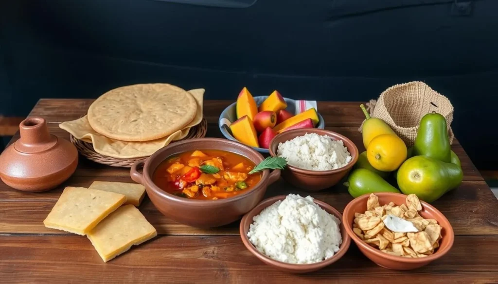 Traditional Guyanese meal featuring cassava bread, pepperpot stew, and fresh fruits