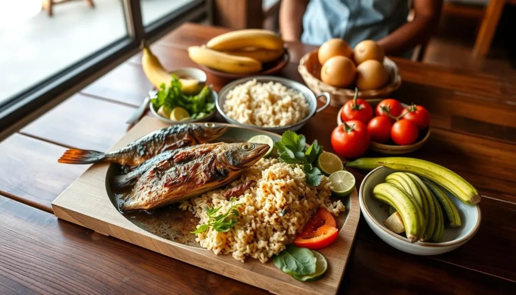 Traditional Guyanese meal served at Sloth Island Nature Resort featuring fresh fish, rice, and tropical fruits