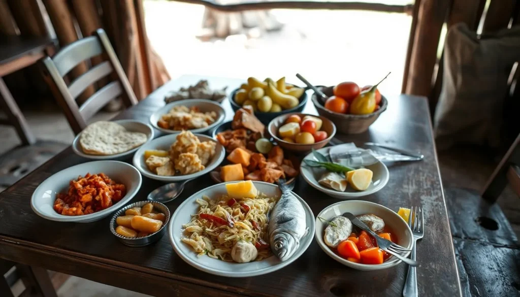 Traditional Guyanese meal with cassava bread, fresh fish, and tropical fruits served at a community lodge Traditional Guyanese meal with cassava bread, fresh fish, and tropical fruits served at a community lodge