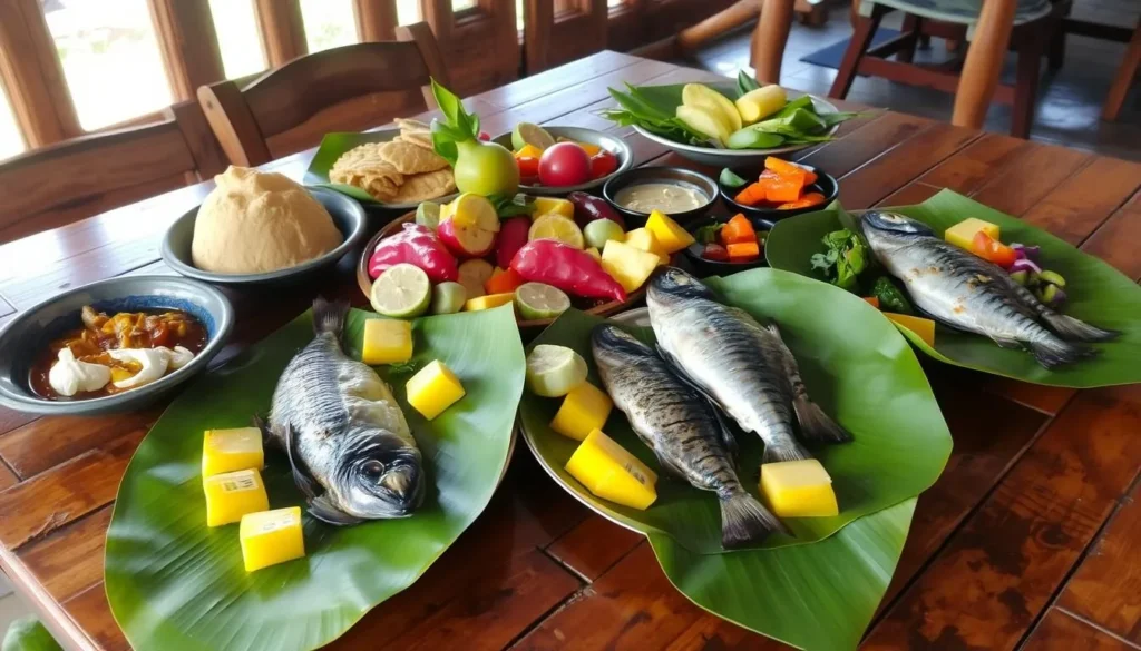 Traditional Guyanese meal with cassava bread, fresh fish, and tropical fruits served on banana leaves