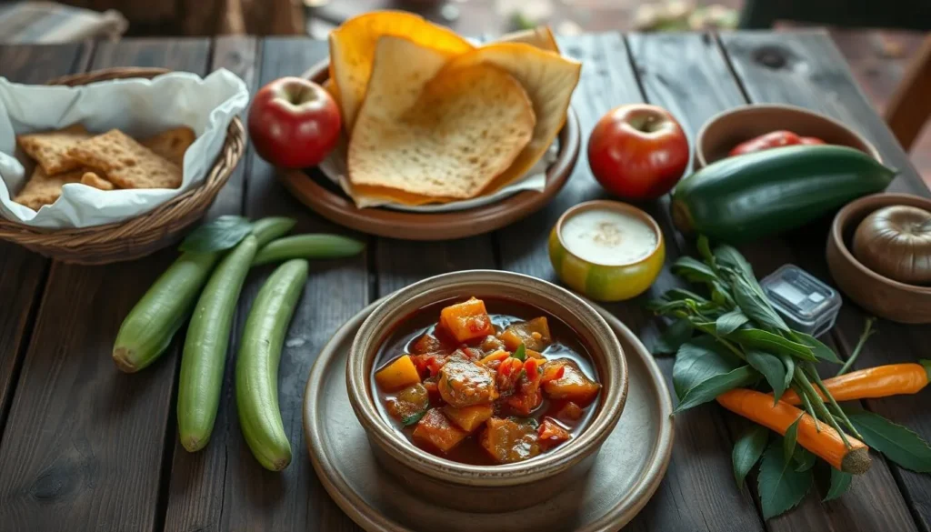 Traditional Guyanese meal with cassava bread, pepperpot, and fresh tropical fruits