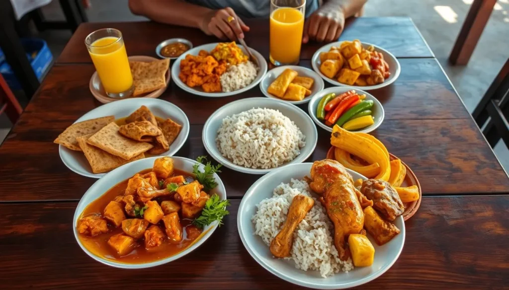 Traditional Guyanese meal with curry, rice, and cassava bread served at a local eatery