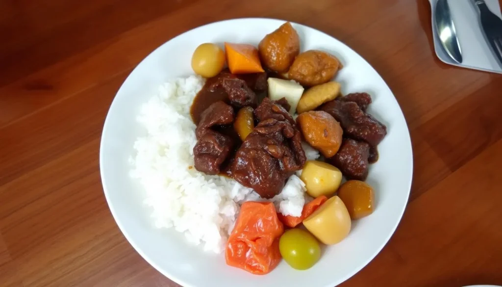 Traditional Guyanese meal with pepperpot and rice served in Lethem